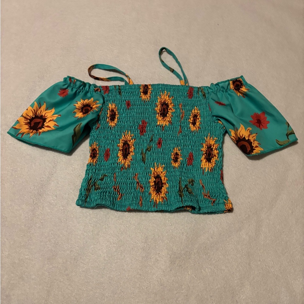 Teal Sunflower Off-Shoulder Smocked Women's Top